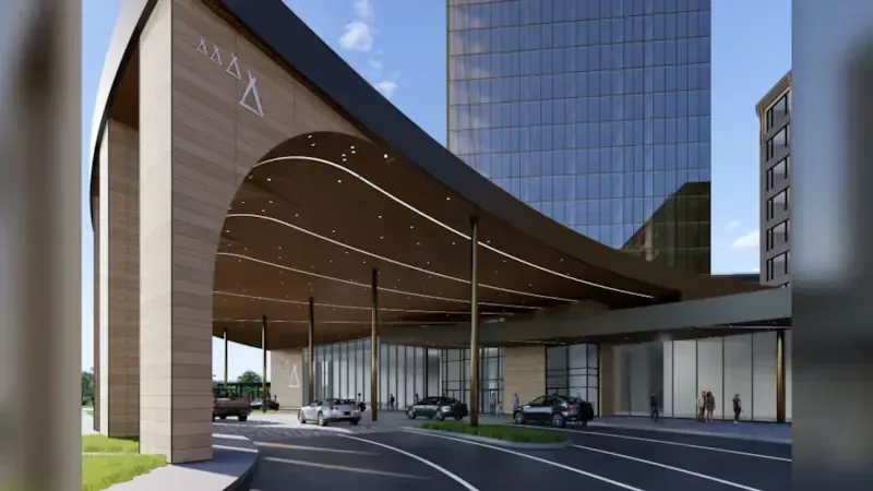 Resort building set against open sky in a countryside landscape